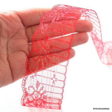 Red Embroidered Net Lace Trim Ribbon 50mm wide, 2Yards